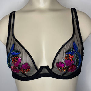 Agent Provocateur Knickers Forever Bra 34B Black Sheer Beaded Palm Tree Tropical